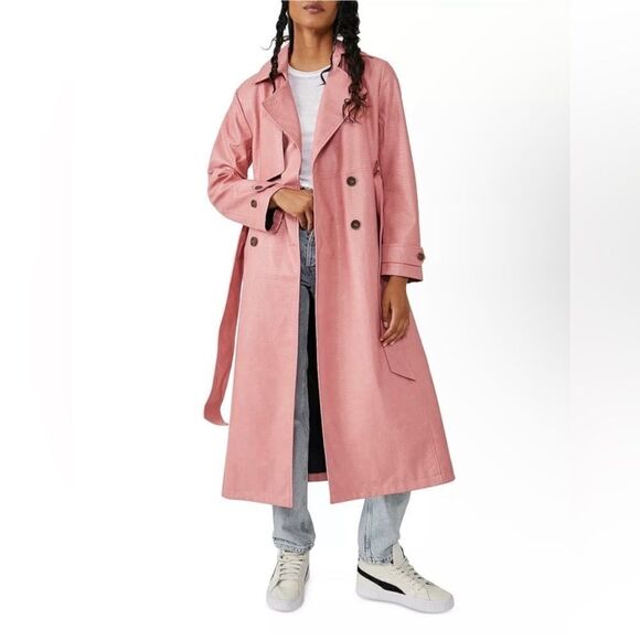FREE PEOPLE WE THE FREE MORRISON VEGAN LEATHER DOUBLE BREASTED TRENCH COAT NWT - Picture 8 of 13